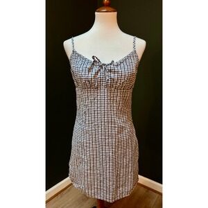Sky & Sparrow Gingham Tie Front Spaghetti Strap Preppy Mini Dress 100% Cotton L